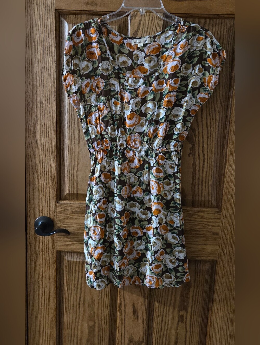 mine Olive Floral Short Sleeve Smocked Waist Dress with Orange & White Blooms
